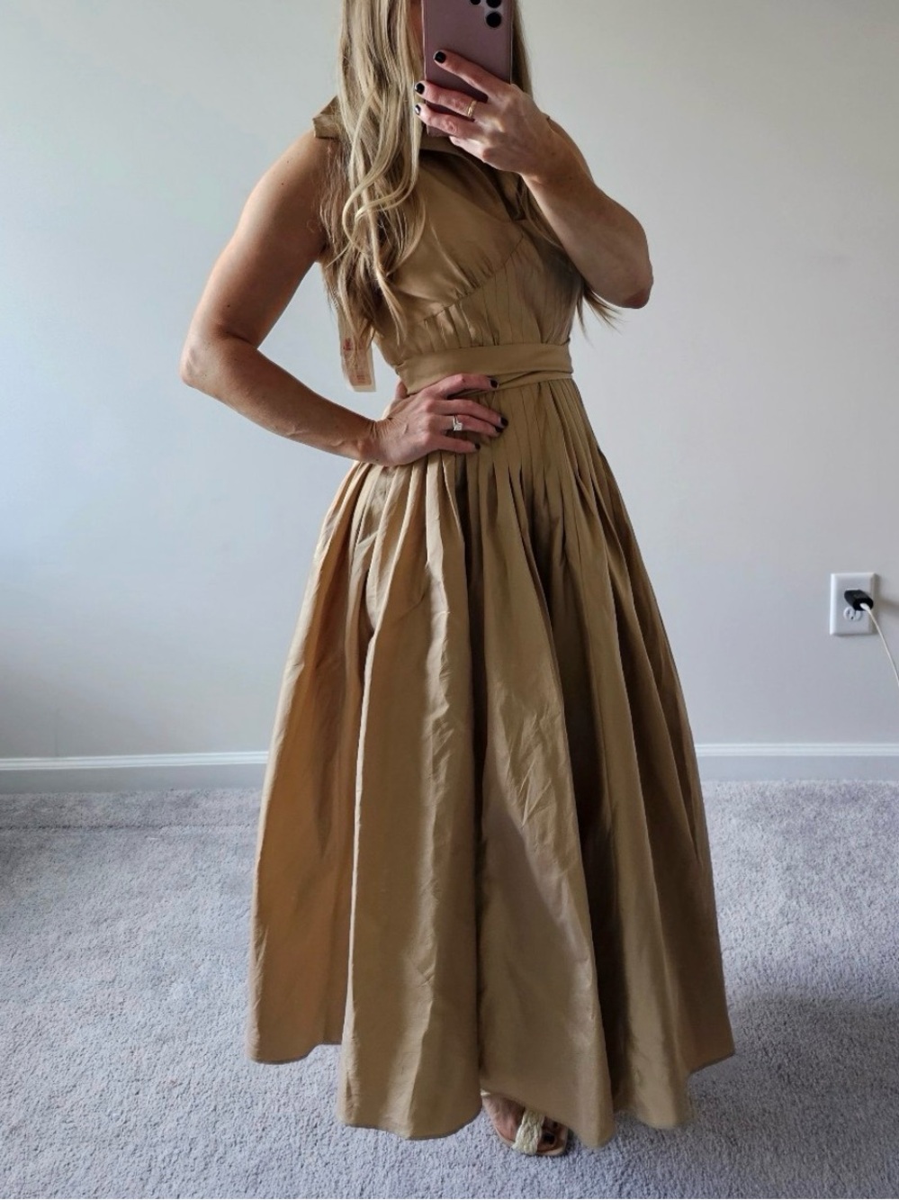 Adrianna Papell Khaki Sleeveless Maxi Dress with Waist Tie